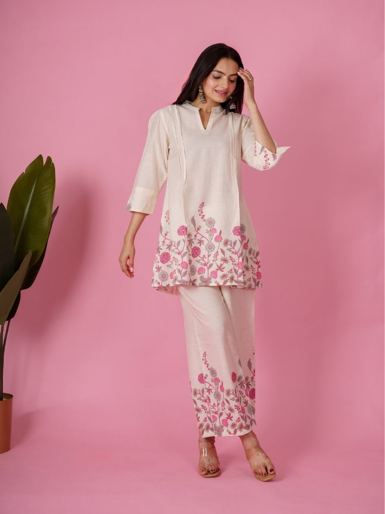 Ekisha's women white pink floral printed cotton co-ord set lounge wear, side view