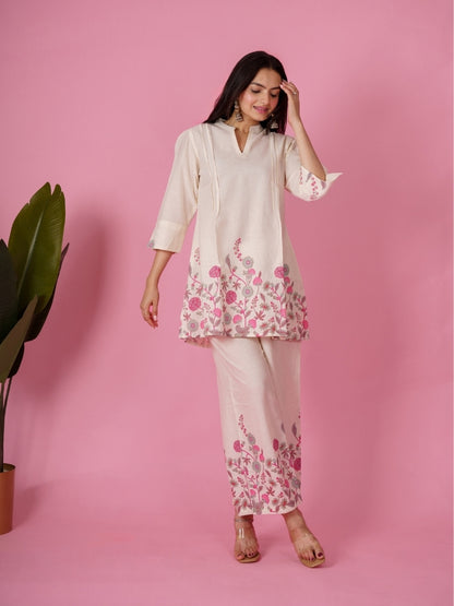 Ekisha's women white pink floral printed cotton co-ord set lounge wear, side view