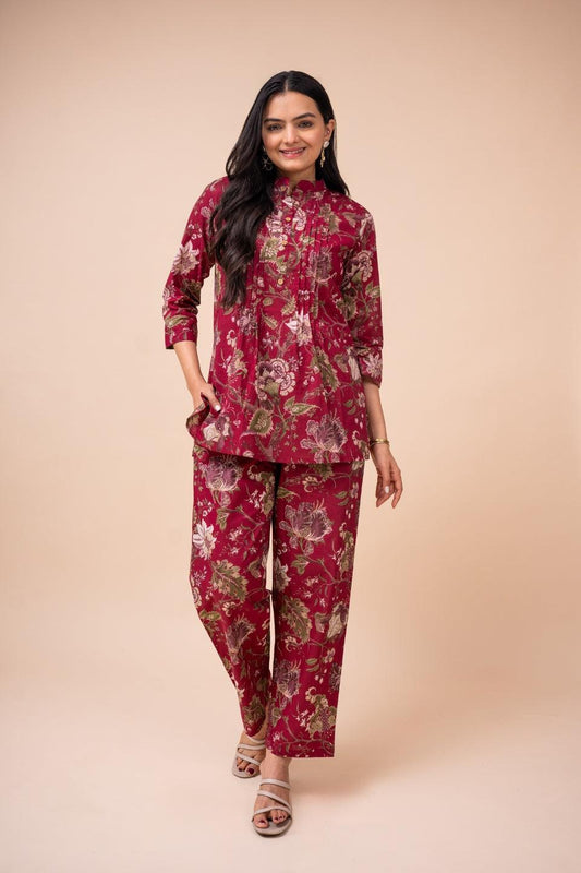 Ekisha's women dark pink multicolor floral printed cotton co-ord set lounge wear - Ekisha