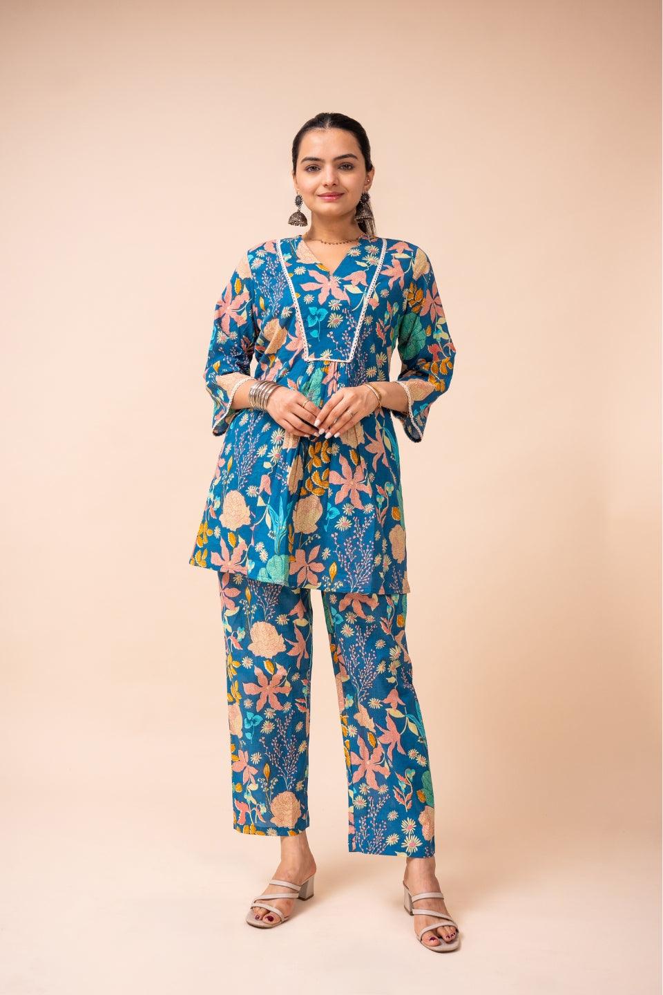 Ekisha's women blue multicolor floral printed cotton co-ord set lounge wear - Ekisha