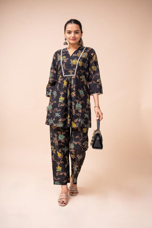 Ekisha's women black multicolor floral printed cotton co-ord set lounge wear - Ekisha