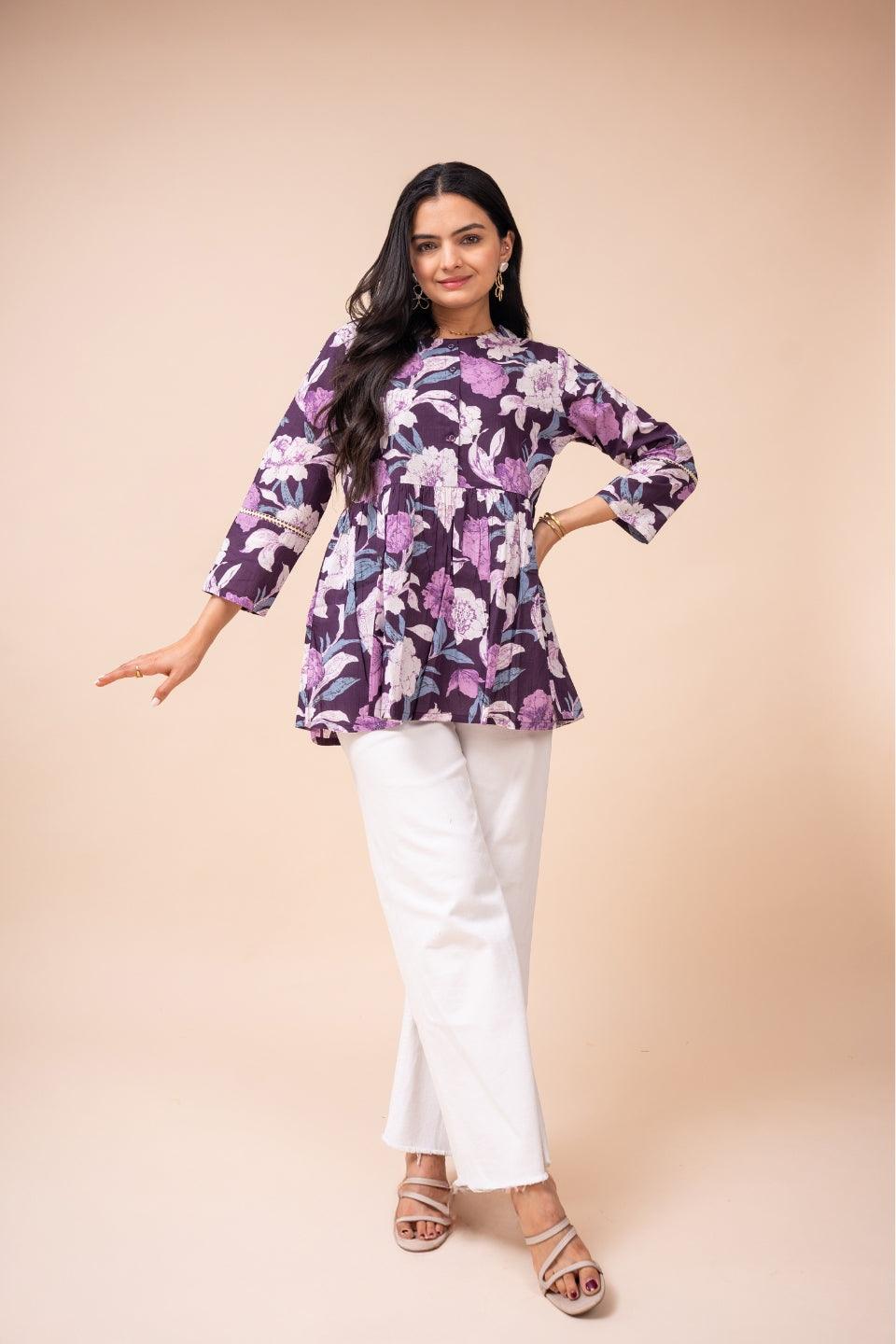 Ekisha's women dark purple floral printed cotton tunic top short kurti - Ekisha