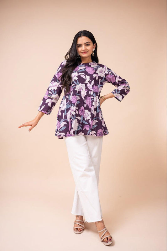 Ekisha's women dark purple floral printed cotton tunic top short kurti - Ekisha