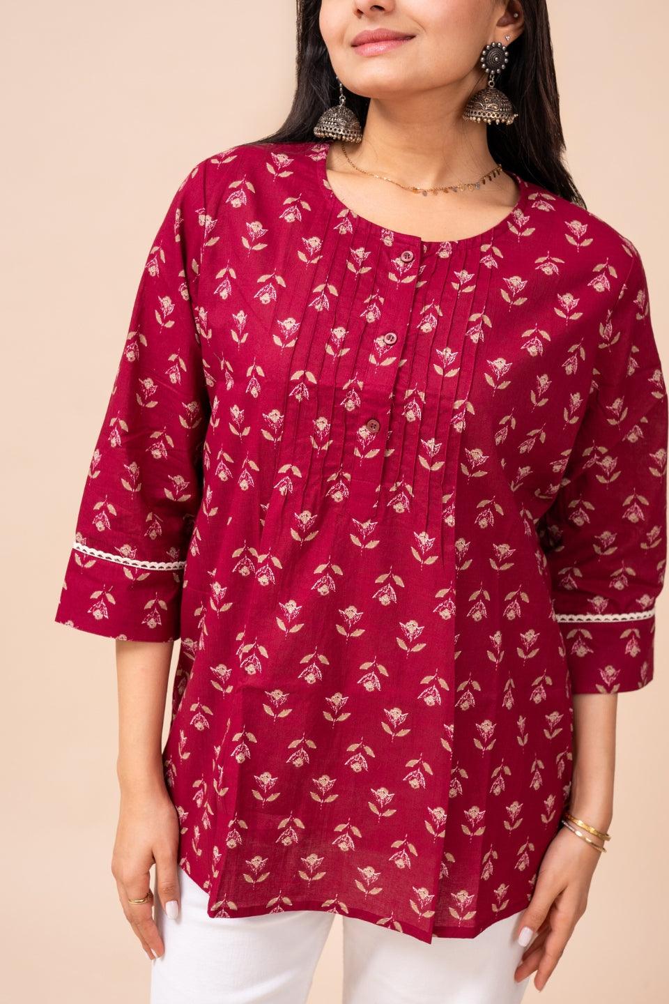 Ekisha's women dark pink floral modern printed cotton tunic top short kurti - Ekisha
