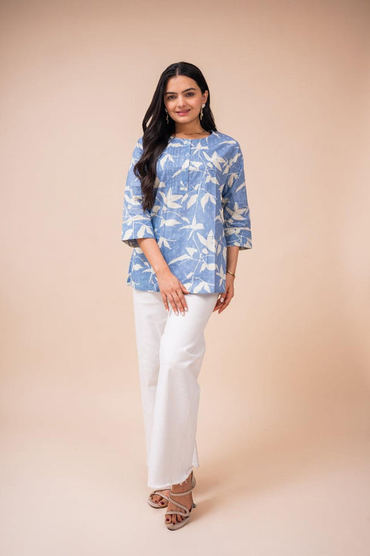 Ekisha's women blue white floral designer printed cotton tunic top short kurti - Ekisha