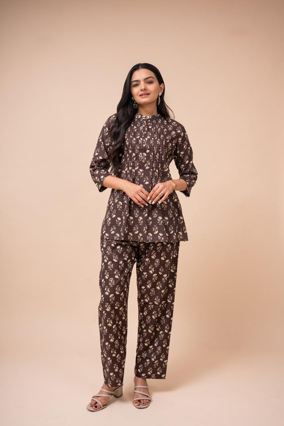 Ekisha's women brown multicolor floral printed cotton co-ord set lounge wear - Ekisha