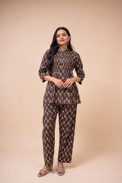 Ekisha's women brown multicolor floral printed cotton co-ord set lounge wear - Ekisha