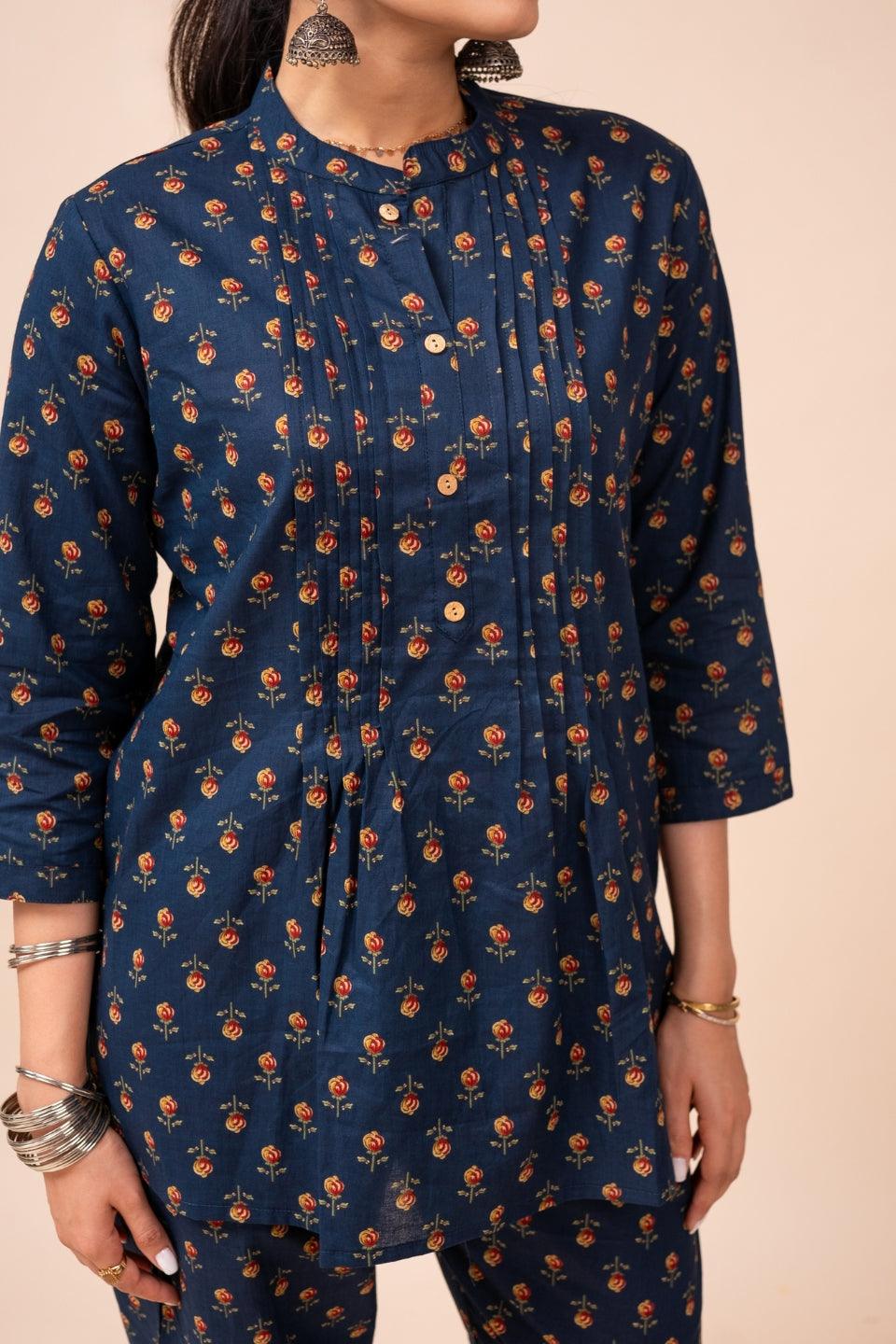 Ekisha's women navy blue multicolor floral printed cotton co-ord set lounge wear - Ekisha