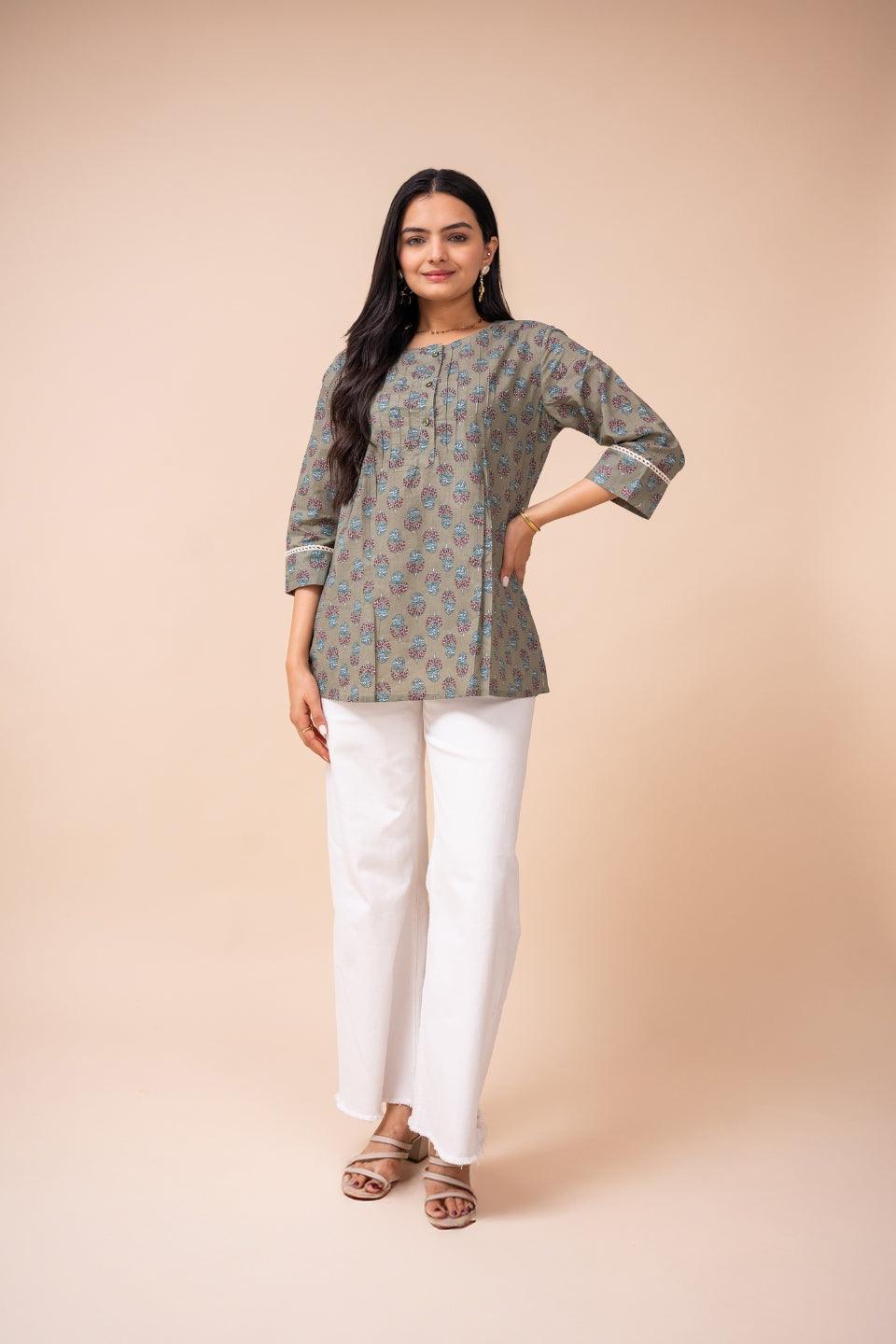 Ekisha's women multicolor floral modern printed cotton tunic top short kurti - Ekisha