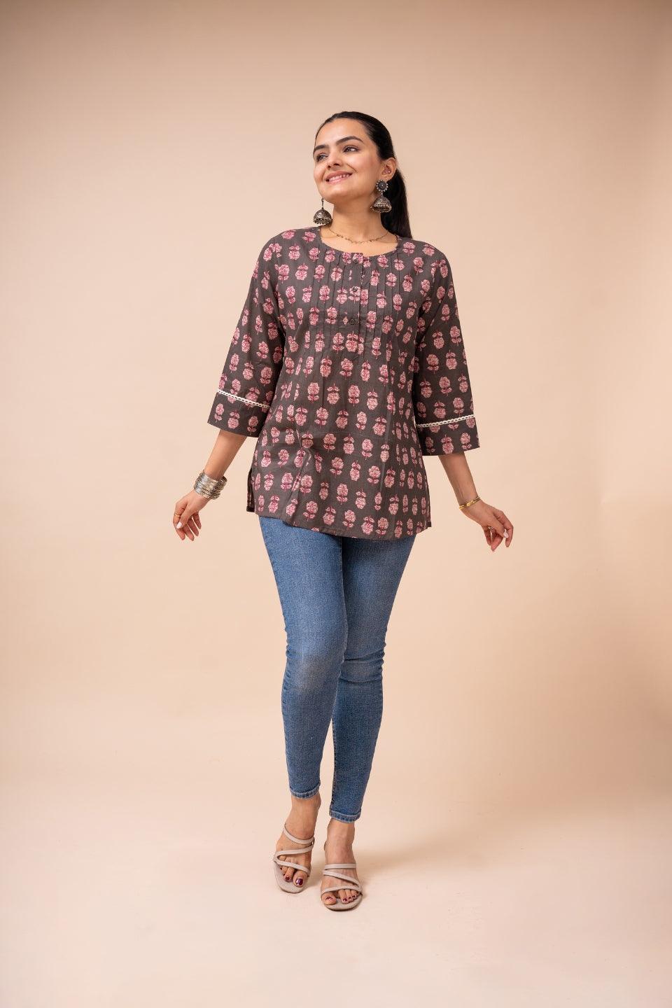Ekisha's women multicolor floral designer printed cotton tunic top short kurti - Ekisha