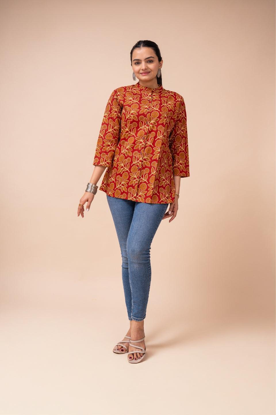 Ekisha's women maroon floral multicolor designer printed cotton tunic top short kurti - Ekisha