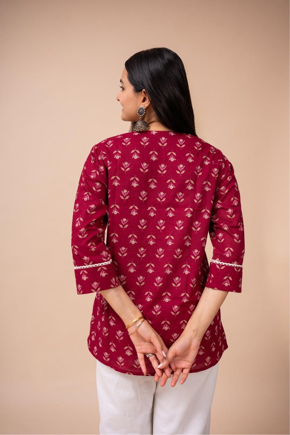 Ekisha's women dark pink floral modern printed cotton tunic top short kurti - Ekisha