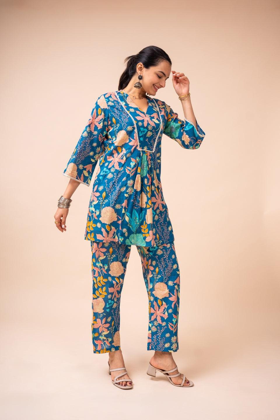 Ekisha's women blue multicolor floral printed cotton co-ord set lounge wear - Ekisha