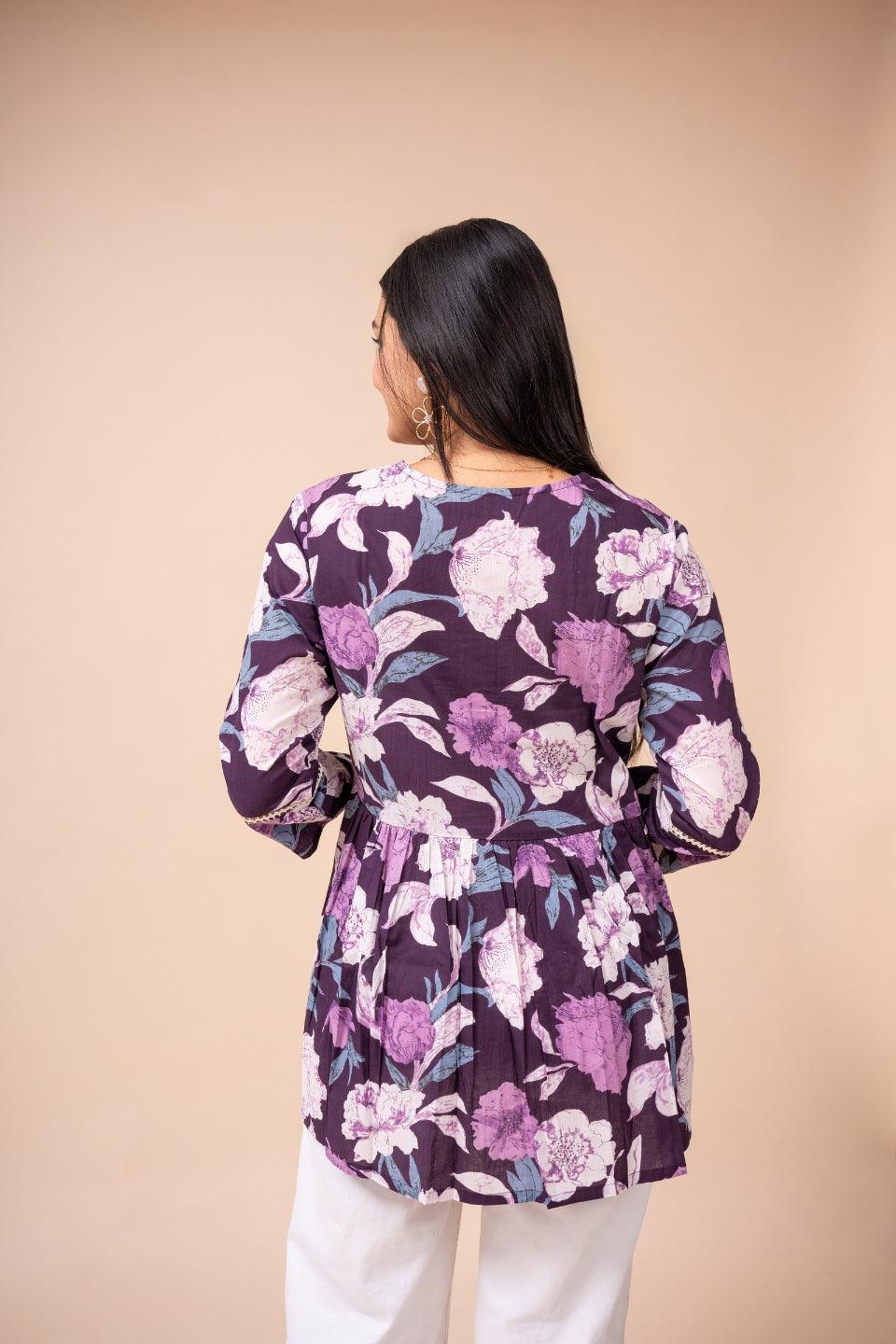 Ekisha's women dark purple floral printed cotton tunic top short kurti - Ekisha