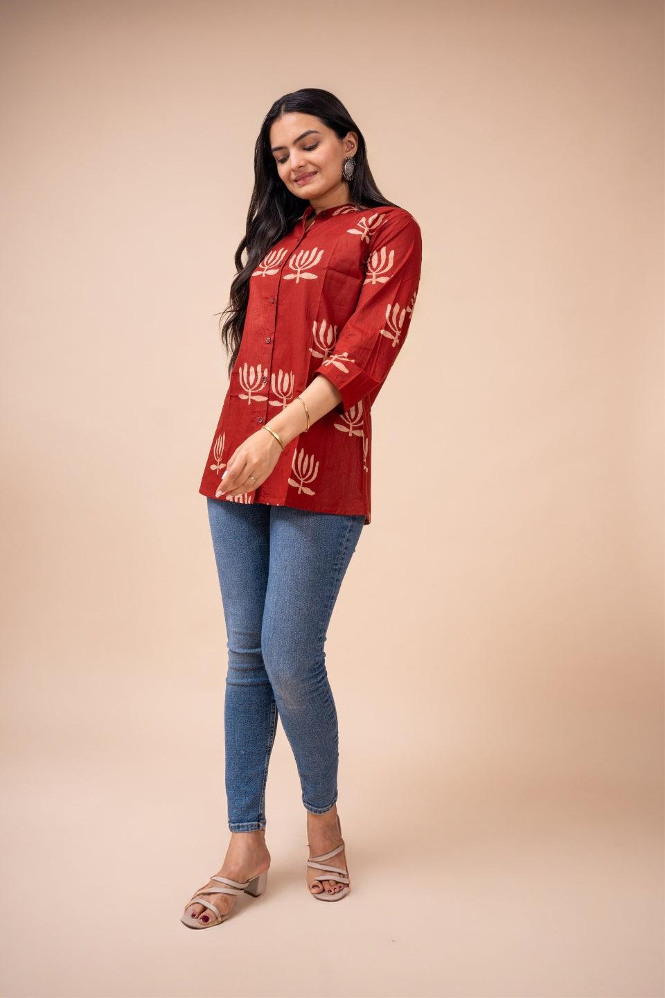 Ekisha's women maroon designer printed cotton tunic top short kurti - Ekisha