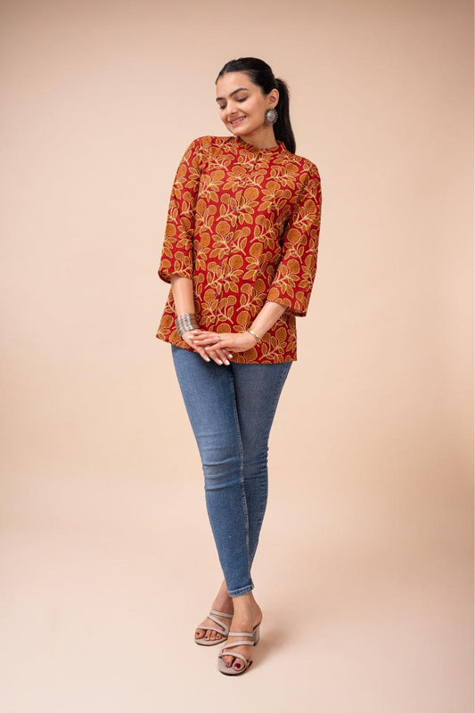 Ekisha's women maroon floral multicolor designer printed cotton tunic top short kurti - Ekisha