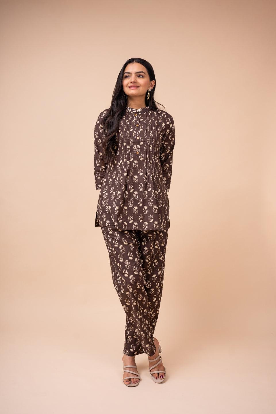 Ekisha's women brown multicolor floral printed cotton co-ord set lounge wear - Ekisha