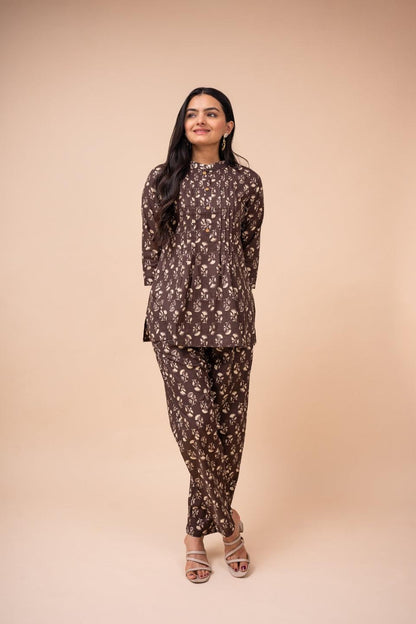 Ekisha's women brown multicolor floral printed cotton co-ord set lounge wear - Ekisha