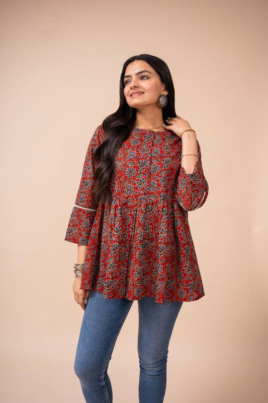 Ekisha's women marron ajrak floral printed cotton tunic top short kurti - Ekisha