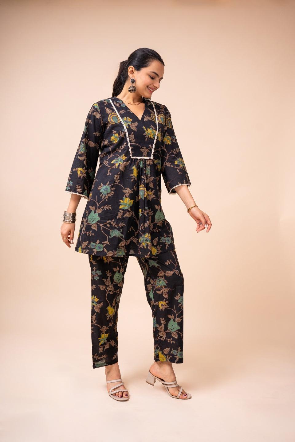 Ekisha's women black multicolor floral printed cotton co-ord set lounge wear - Ekisha