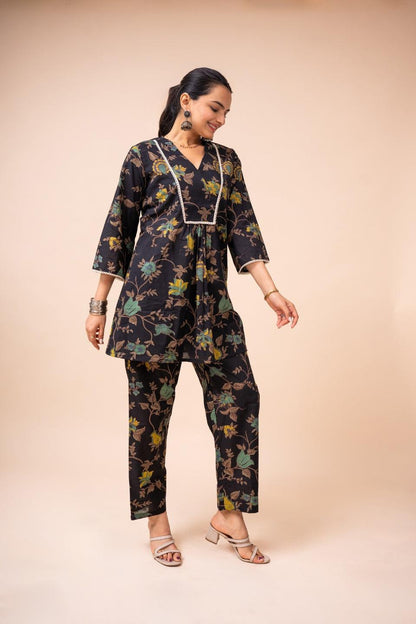 Ekisha's women black multicolor floral printed cotton co-ord set lounge wear - Ekisha