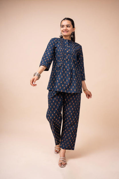 Ekisha's women navy blue multicolor floral printed cotton co-ord set lounge wear - Ekisha