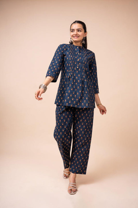 Ekisha's women navy blue multicolor floral printed cotton co-ord set lounge wear - Ekisha