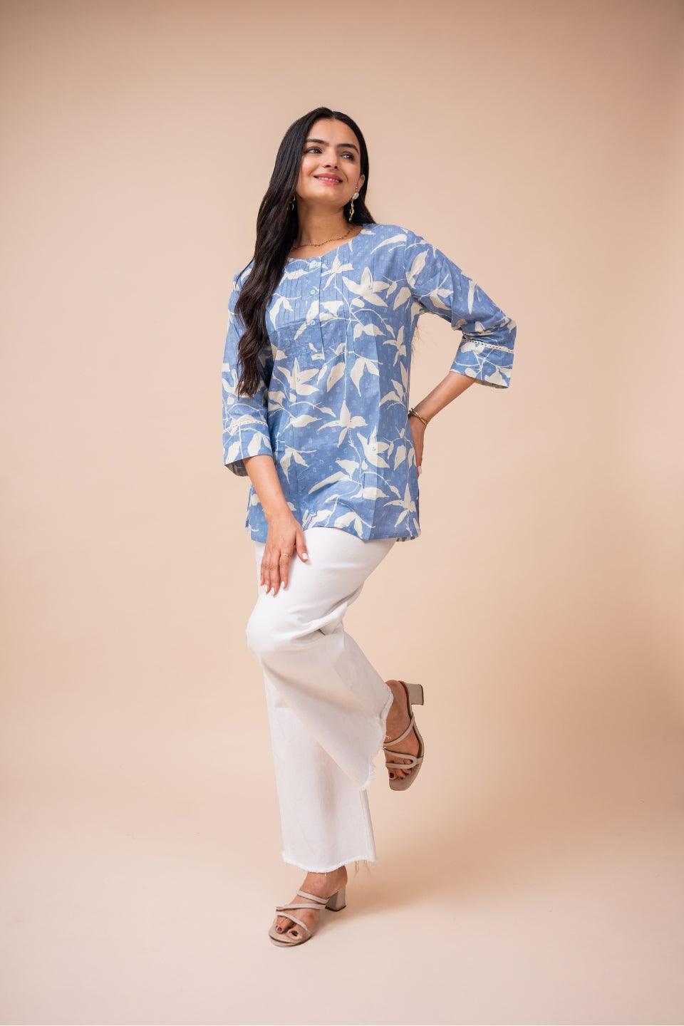 Ekisha's women blue white floral designer printed cotton tunic top short kurti - Ekisha