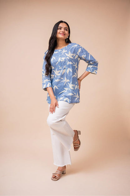 Ekisha's women blue white floral designer printed cotton tunic top short kurti - Ekisha