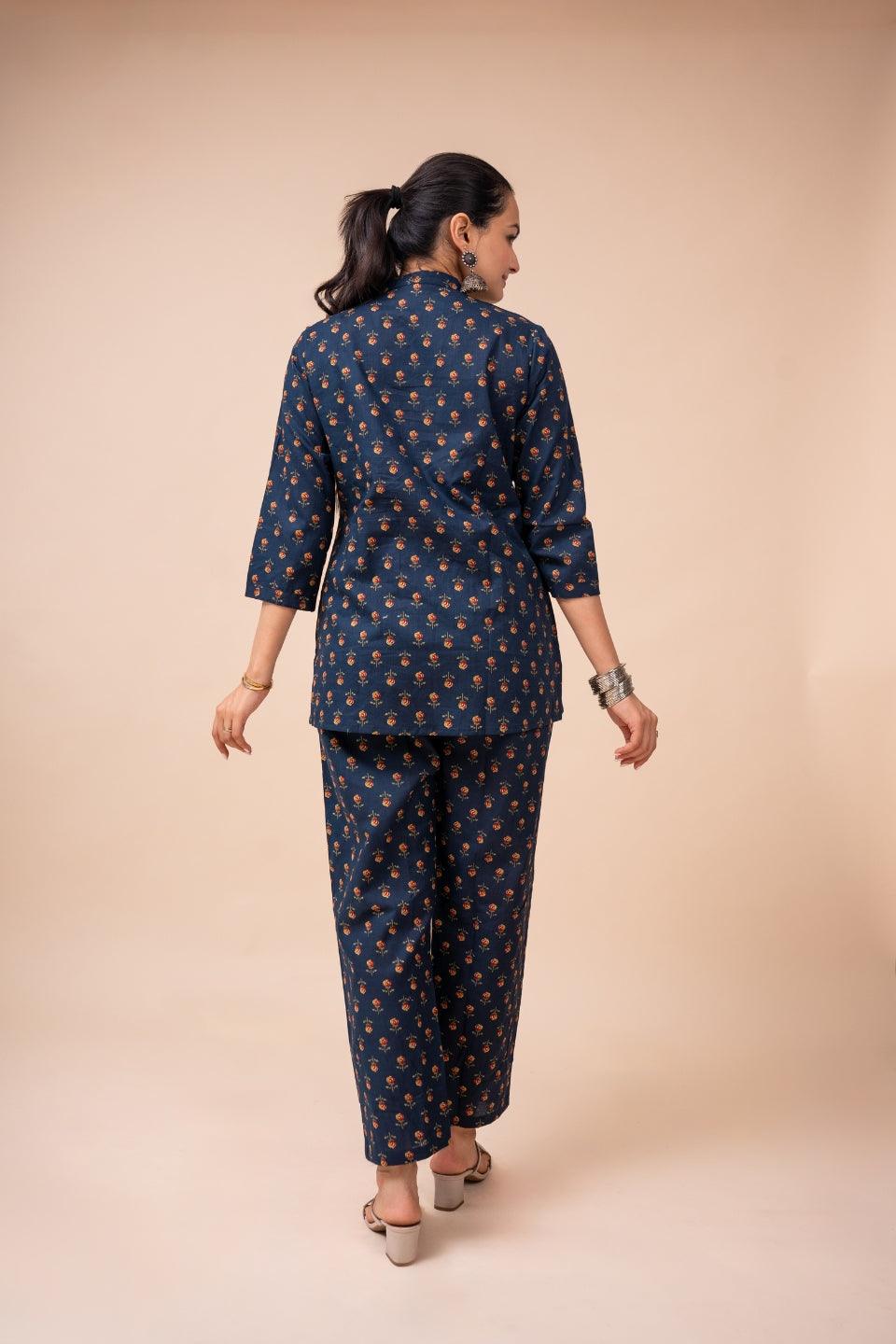 Ekisha's women navy blue multicolor floral printed cotton co-ord set lounge wear - Ekisha