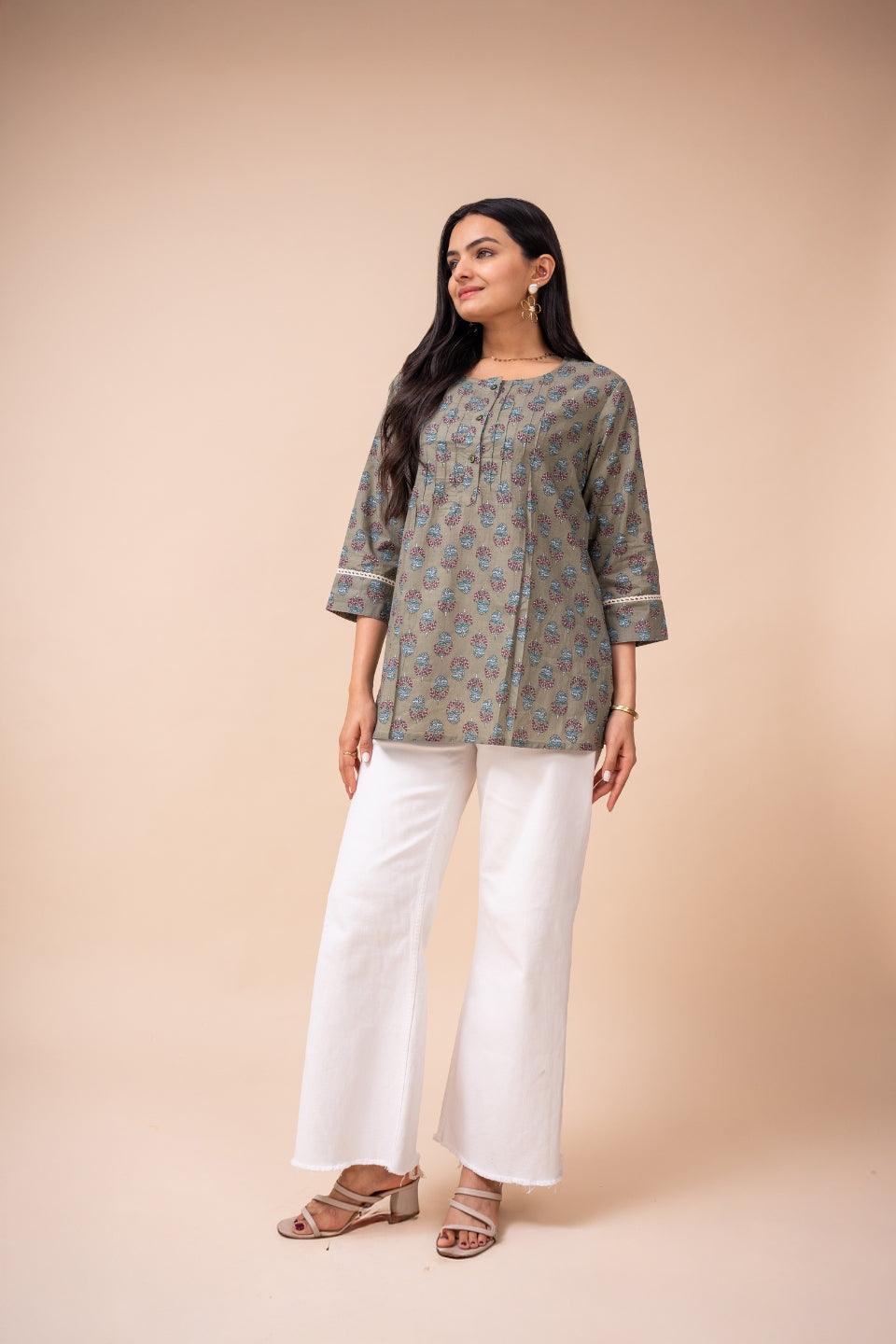Ekisha's women multicolor floral modern printed cotton tunic top short kurti - Ekisha