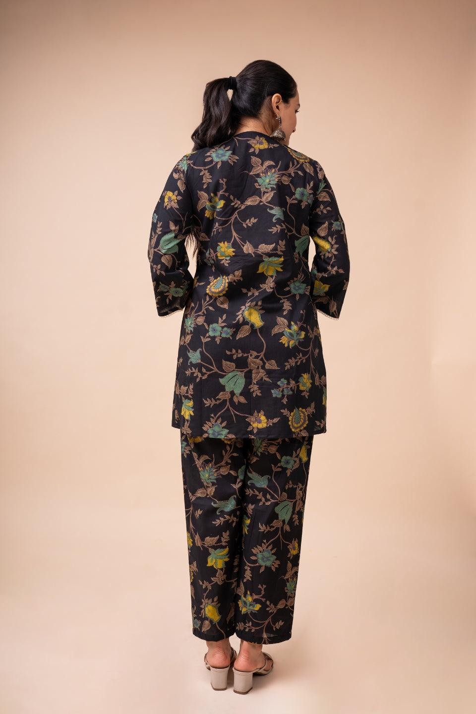 Ekisha's women black multicolor floral printed cotton co-ord set lounge wear - Ekisha