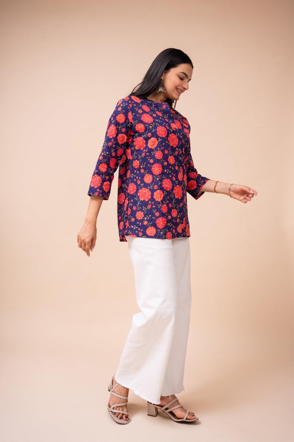 Ekisha's women blue multicolor floral designer printed cotton tunic top short kurti - Ekisha