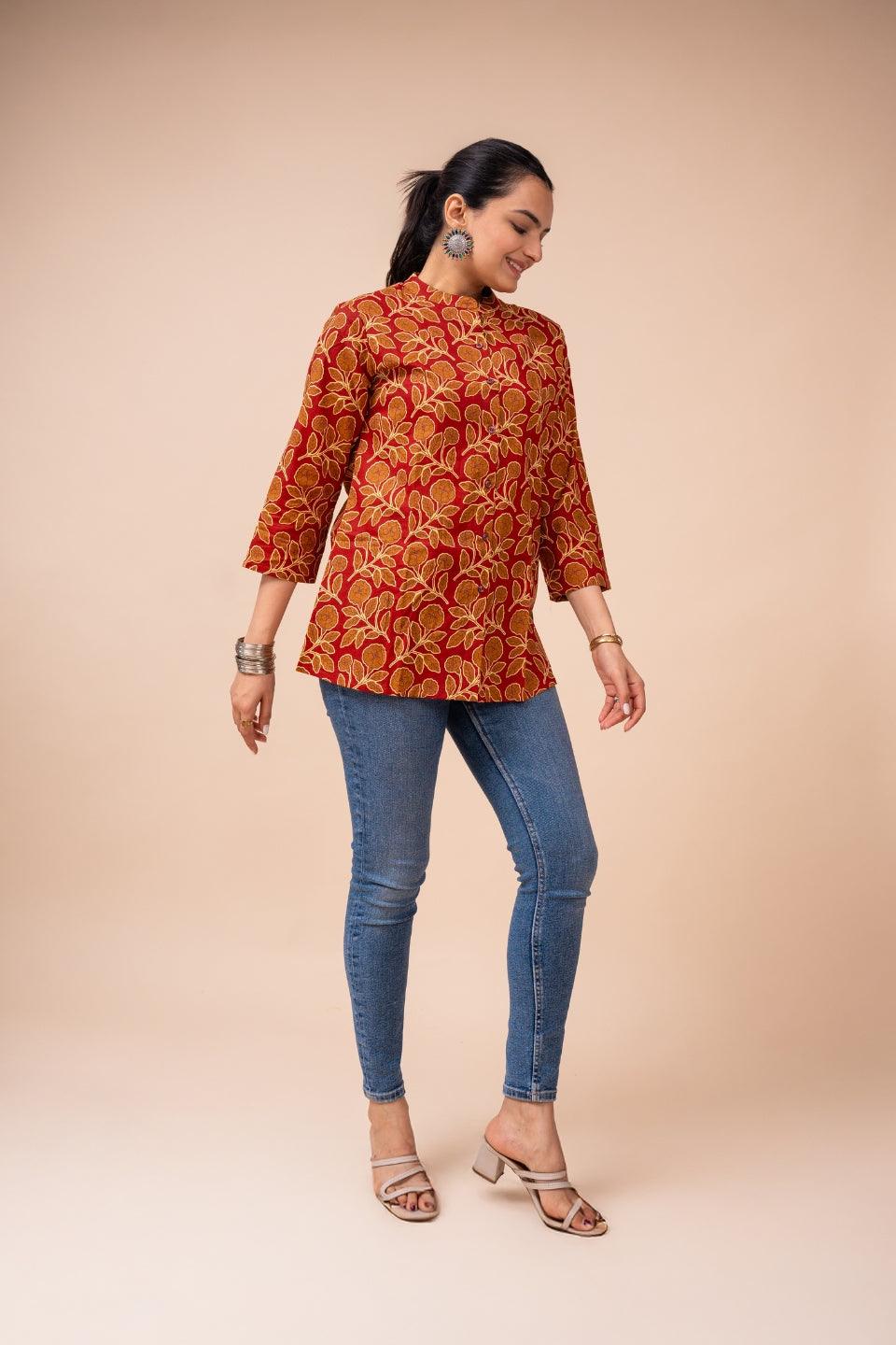 Ekisha's women maroon floral multicolor designer printed cotton tunic top short kurti - Ekisha