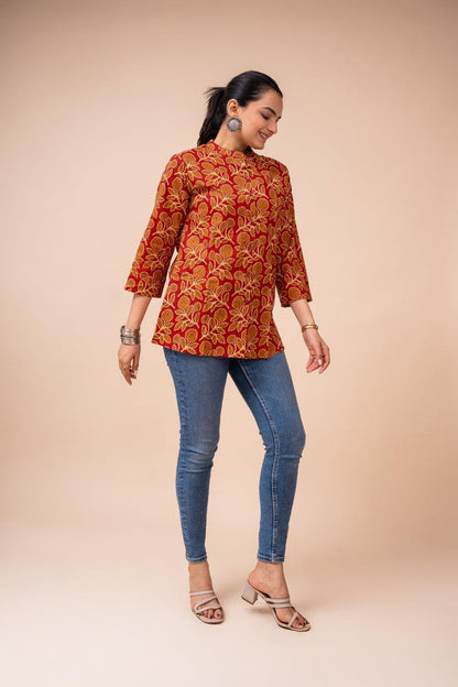 Ekisha's women maroon floral multicolor designer printed cotton tunic top short kurti - Ekisha