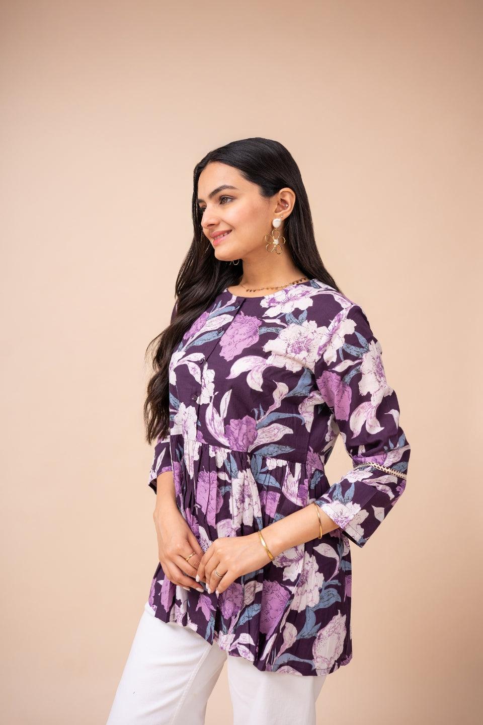 Ekisha's women dark purple floral printed cotton tunic top short kurti - Ekisha