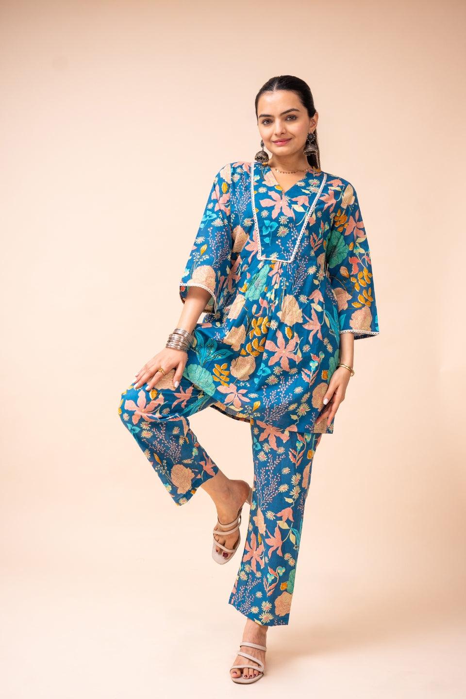 Ekisha's women blue multicolor floral printed cotton co-ord set lounge wear - Ekisha