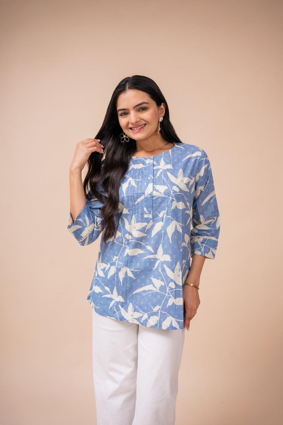 Ekisha's women blue white floral designer printed cotton tunic top short kurti - Ekisha