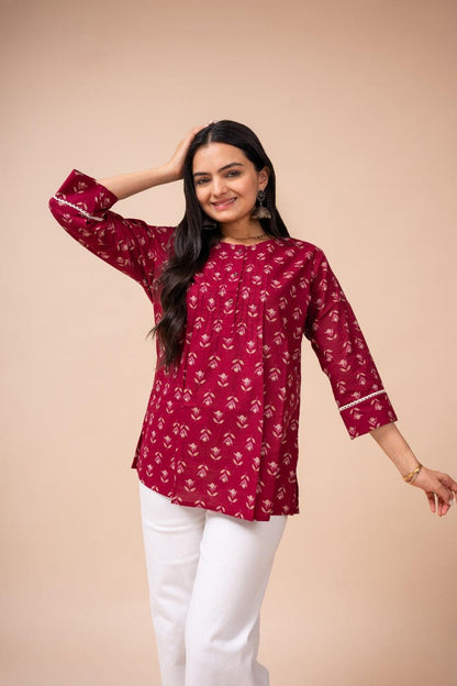 Ekisha's women dark pink floral modern printed cotton tunic top short kurti - Ekisha