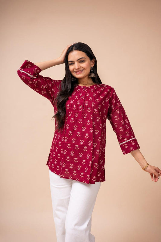 Ekisha's women dark pink floral modern printed cotton tunic top short kurti - Ekisha