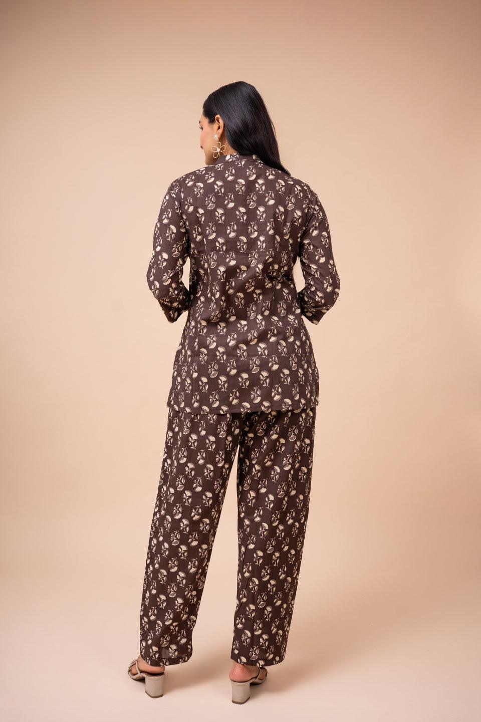 Ekisha's women brown multicolor floral printed cotton co-ord set lounge wear - Ekisha