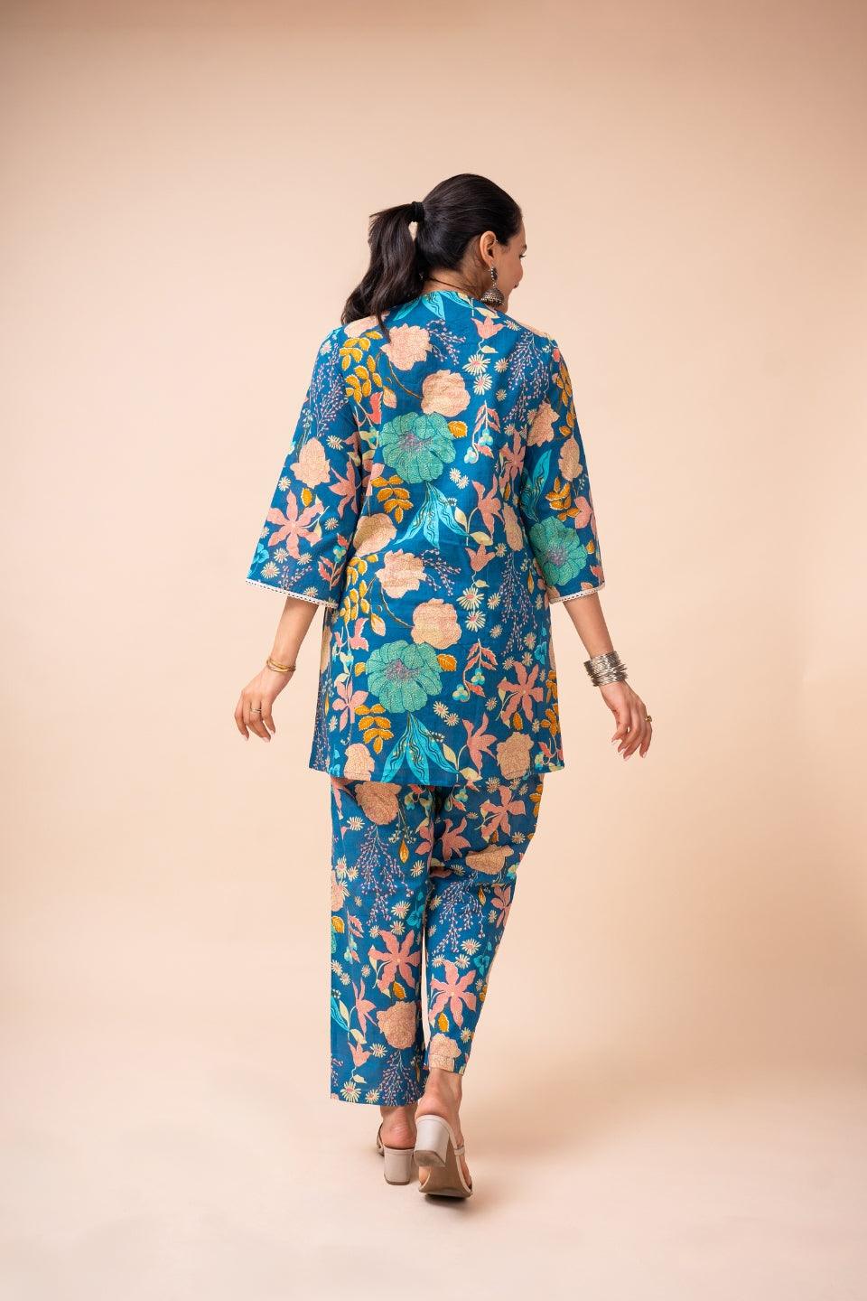 Ekisha's women blue multicolor floral printed cotton co-ord set lounge wear - Ekisha