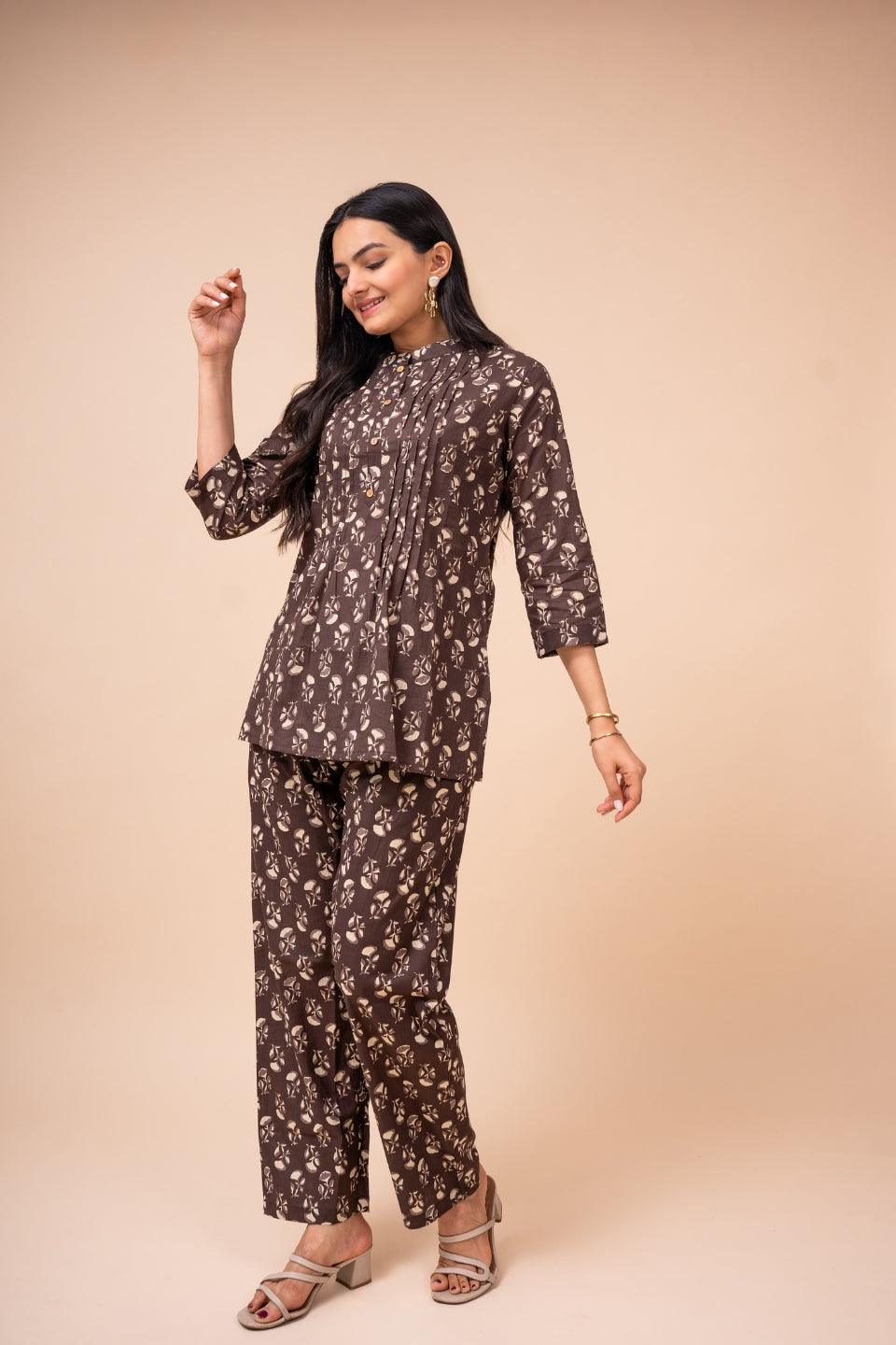 Ekisha's women brown multicolor floral printed cotton co-ord set lounge wear - Ekisha