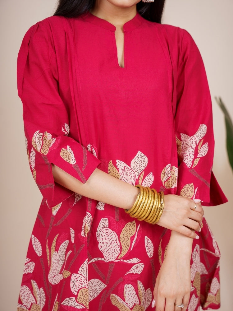 Ekisha's women dark red multicolor floral printed cotton co-ord set lounge wear, detailed view