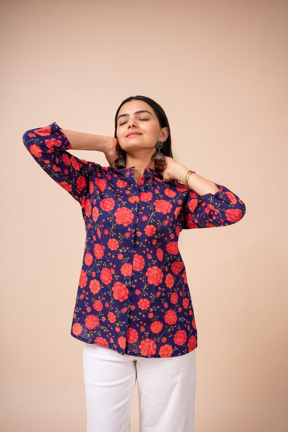 Ekisha's women blue multicolor floral designer printed cotton tunic top short kurti - Ekisha