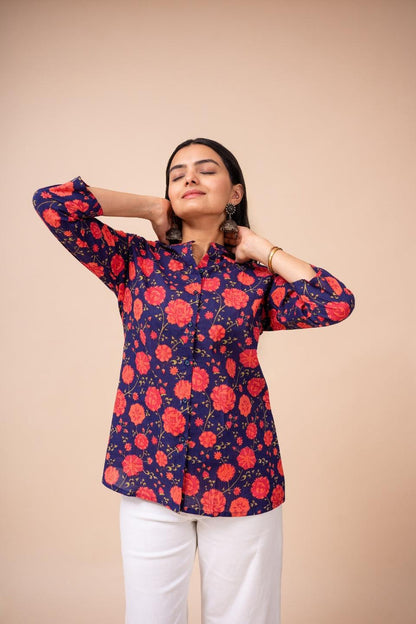Ekisha's women blue multicolor floral designer printed cotton tunic top short kurti - Ekisha