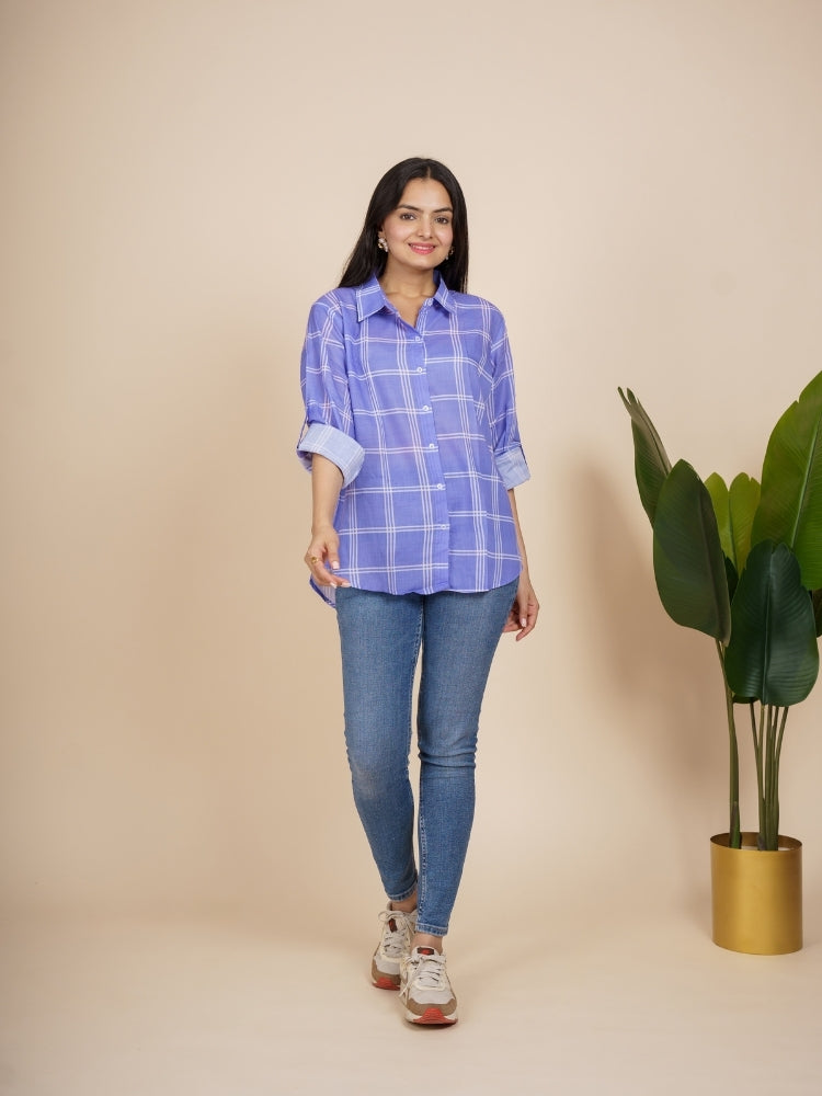 Ekisha Women cotton purple checks printed relaxed fit shirt, front view