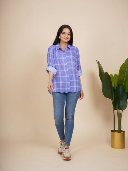 Ekisha Women cotton purple checks printed relaxed fit shirt, front view