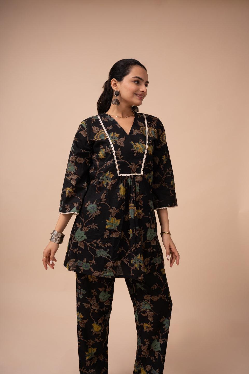 Ekisha's women black multicolor floral printed cotton co-ord set lounge wear - Ekisha