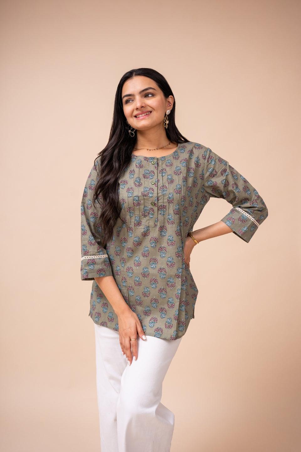 Ekisha's women multicolor floral modern printed cotton tunic top short kurti - Ekisha
